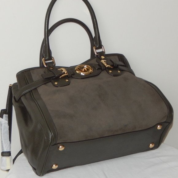 MICHAEL KORS HUDSON Leather Suede Large Tote Satchel Shoulder BAG Dark Olive NWT - Picture 9 of 14